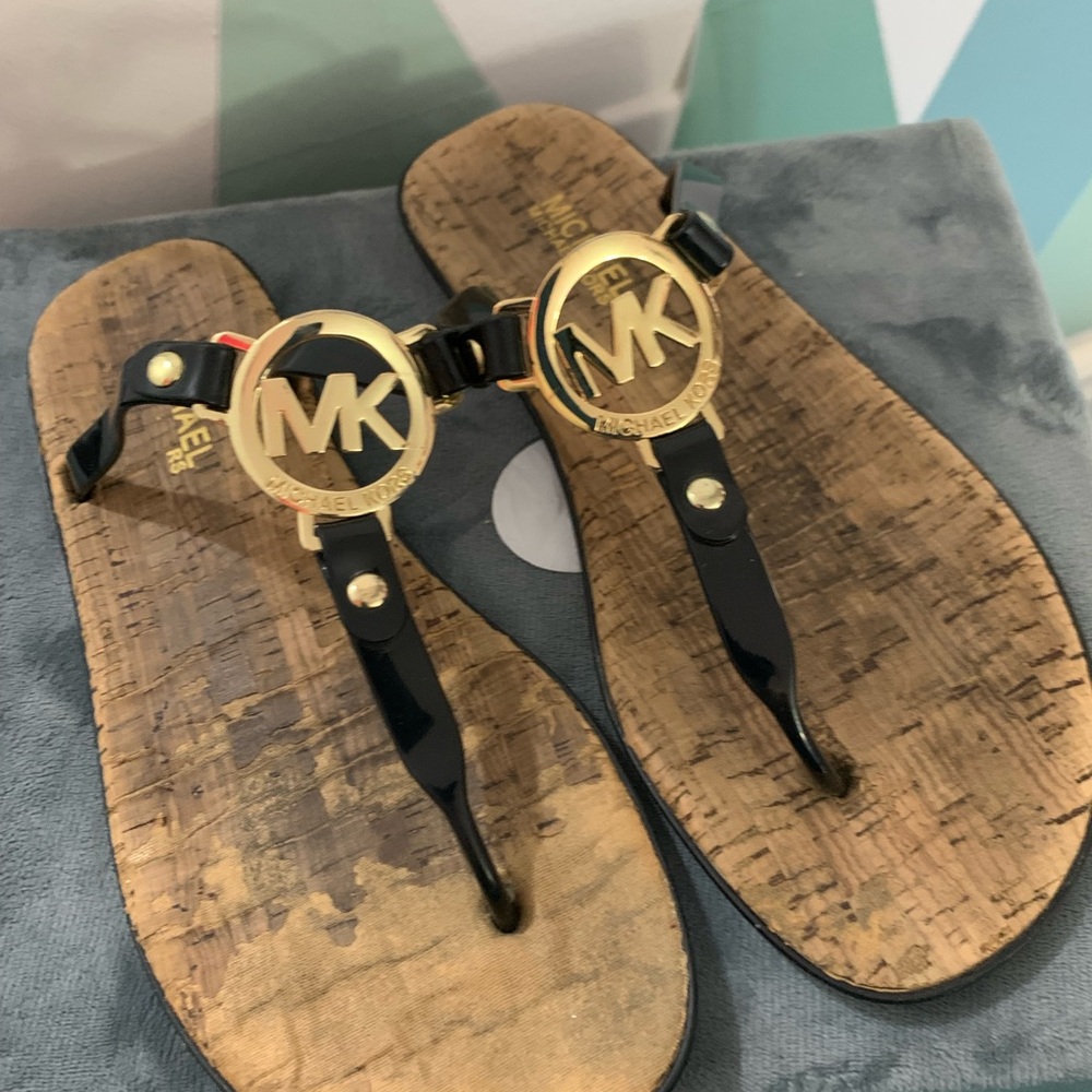 Michael Kors Black and Gold Logo Sandals